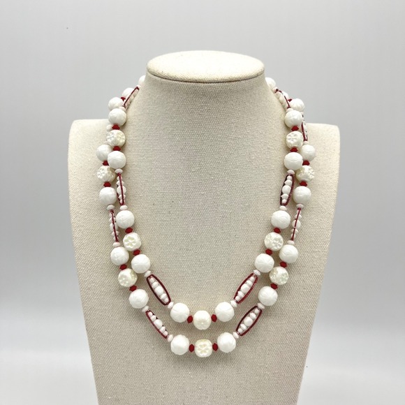 Vintage Jewelry - West Germany Two Strand White Bead Necklace Red Accents Ornate Gold Tone Clasp